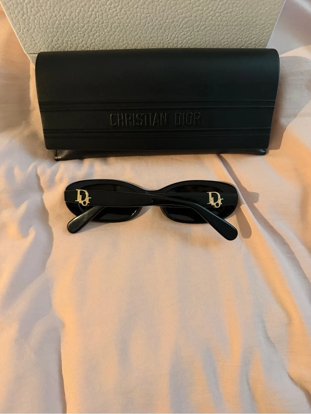 Dior Black Oval Sunglasses with Black Case and White Dior Box